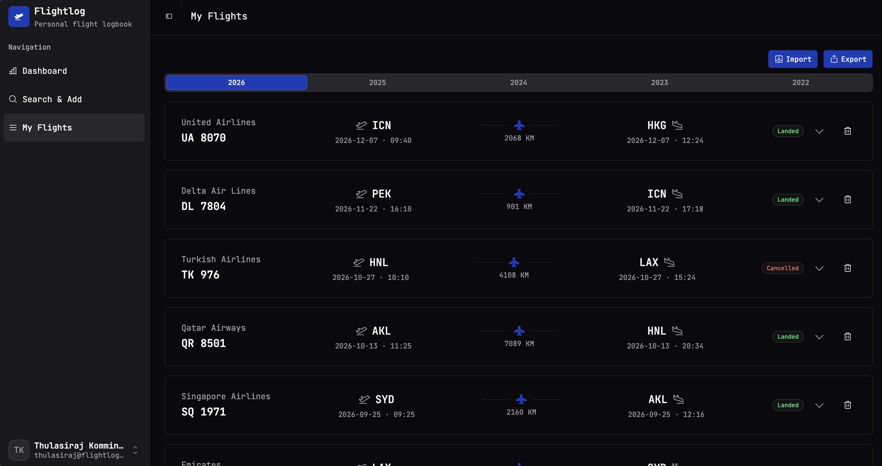 My Flights page